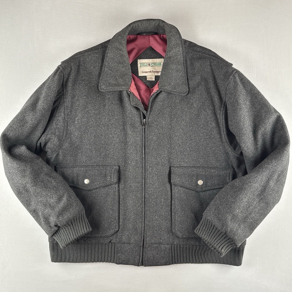 Vintage Field & Stream Wool Jacket Gray Hunting Workwear Zip Coat USA Large